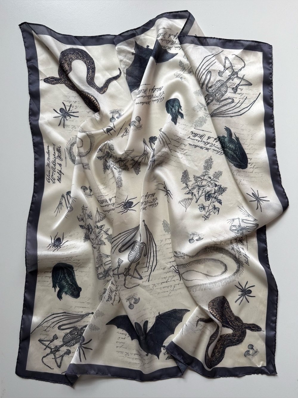 Victorian Style Silky Cream and Black Scarf - Snakes Bats Toads Spiders Skeleton